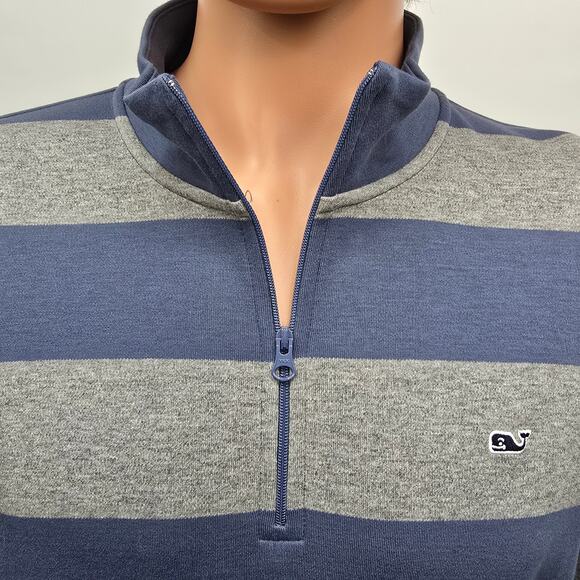 VINEYARD VINES Saltwater 1/4 Quarter Zip Sweater Men L Blue Gray Striped Cotton - Picture 3 of 11